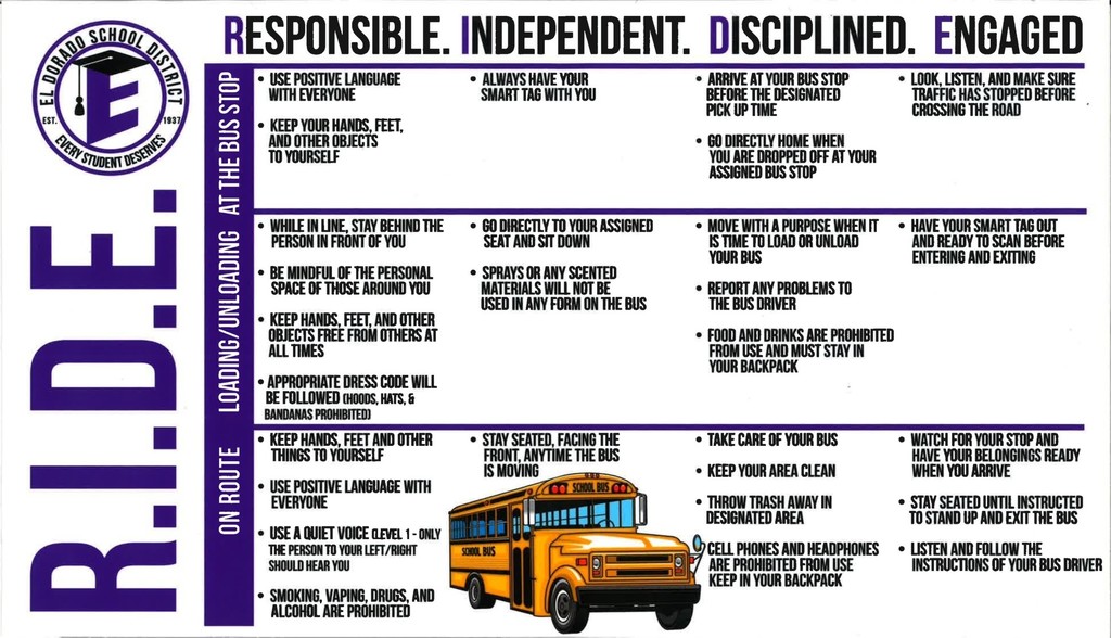 el dorado school district bus rules list: RIDE Responsible, Independent, disciplined, engaged