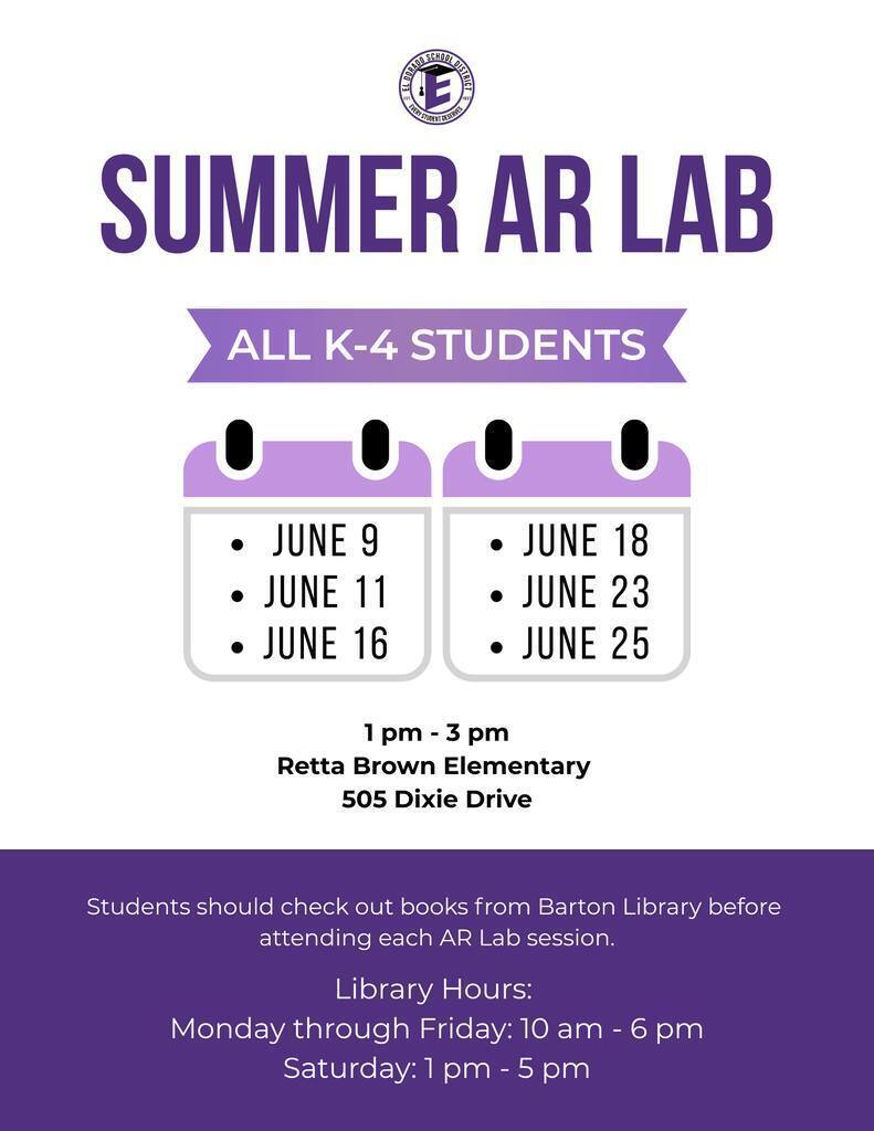 Summer AR Lab Starts Tomorrow!  The first Summer AR Lab sessions for all K-4 students begin tomorrow at Retta Brown Elementary!  Sessions will be held from 1-3 p.m. on the following dates:  June 9, 11, 16, 18, 23 and 25