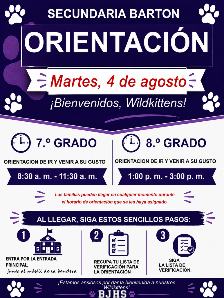 Don't miss BJHS Orientation on Tuesday, Aug 4!