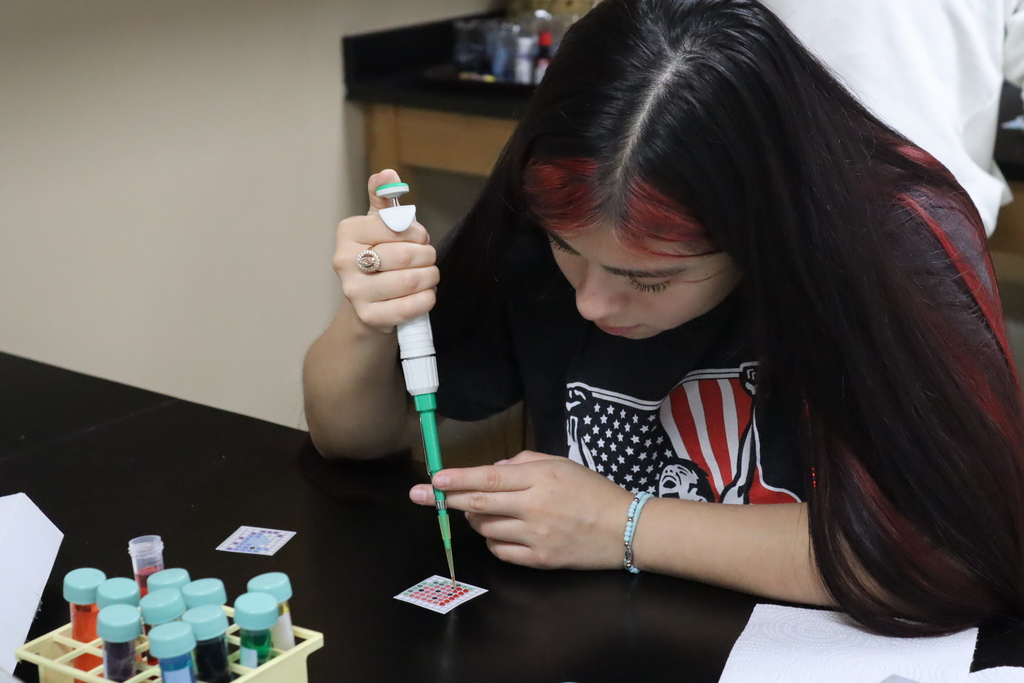 high school students use pipettes and colorful test tubes during a hands-on science lab activity in a classroom.