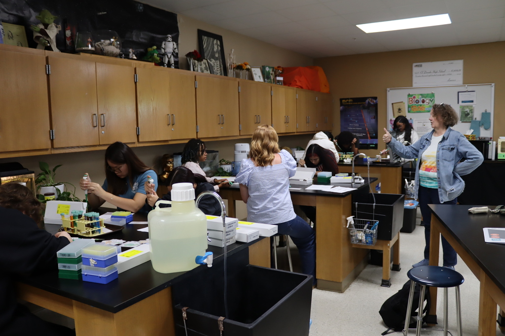 high school students use pipettes and colorful test tubes during a hands-on science lab activity in a classroom.