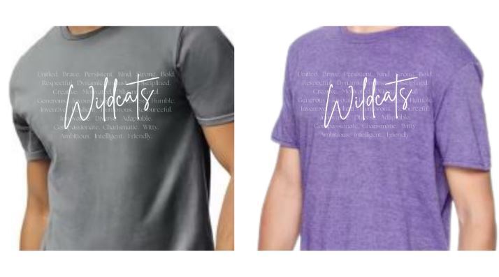 “Words of a Wildcat” T-shirts are shown side by side, one gray and one purple. Both feature a white Wildcat-themed word design across the front.