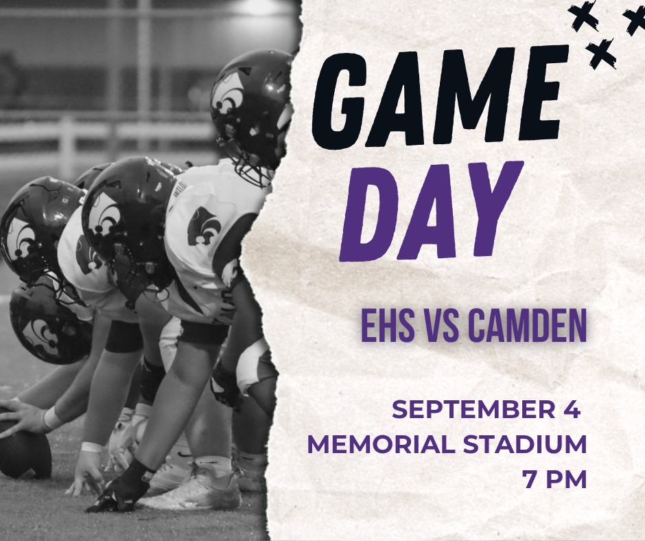 Game Day graphic for El Dorado High School football featuring a black-and-white photo of Wildcats players lined up on the field. Text reads: “Game Day — EHS vs Camden, September 4, Memorial Stadium, 7 PM.”
