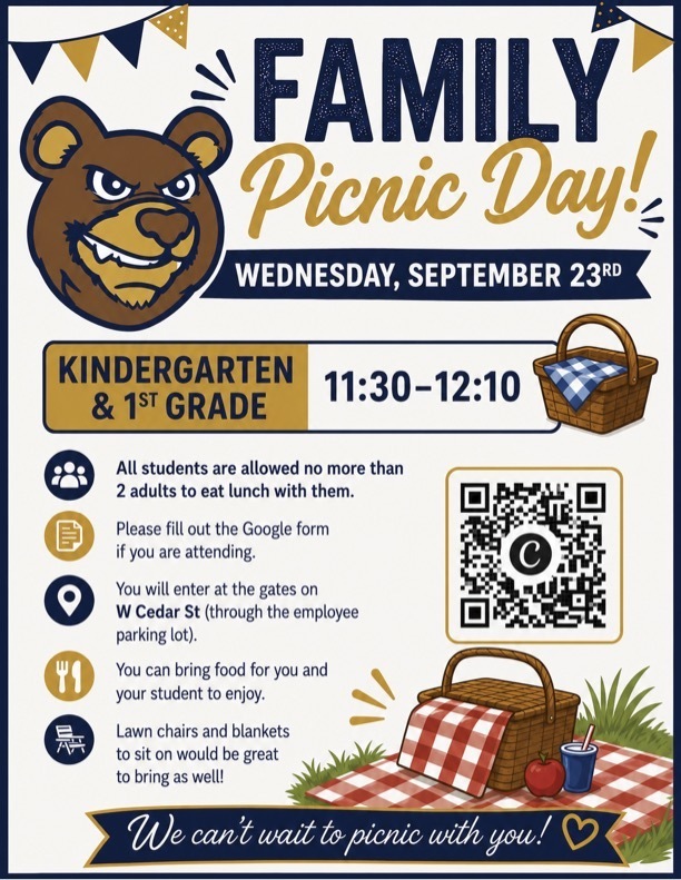 family picnic day flyer for kindergarten and 1st grade on wednesday, september 23