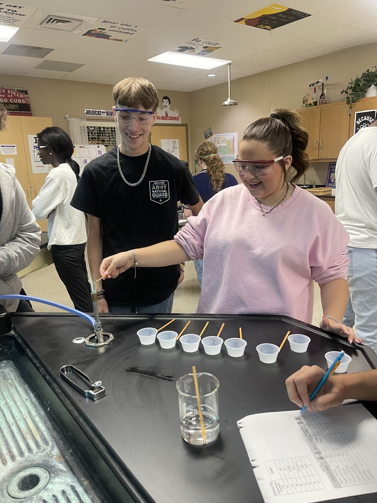 Advanced Chemistry students wearing safety goggles conduct a flame test lab at a classroom lab table, observing a green flame produced over a Bunsen burner.