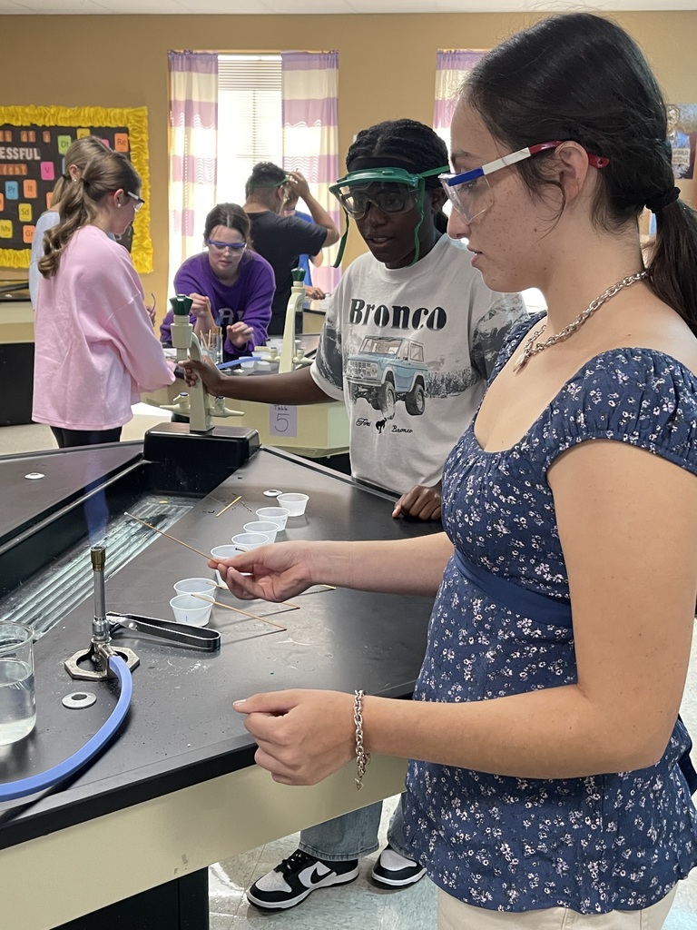 Advanced Chemistry students wearing protective goggles participate in a flame test lab, using Bunsen burners and prepared samples at classroom lab stations.