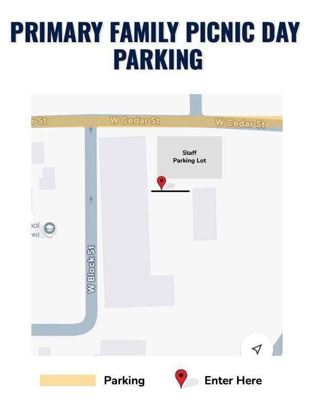 map of the parking lot where parents can park off of w cedar street for family picnic day