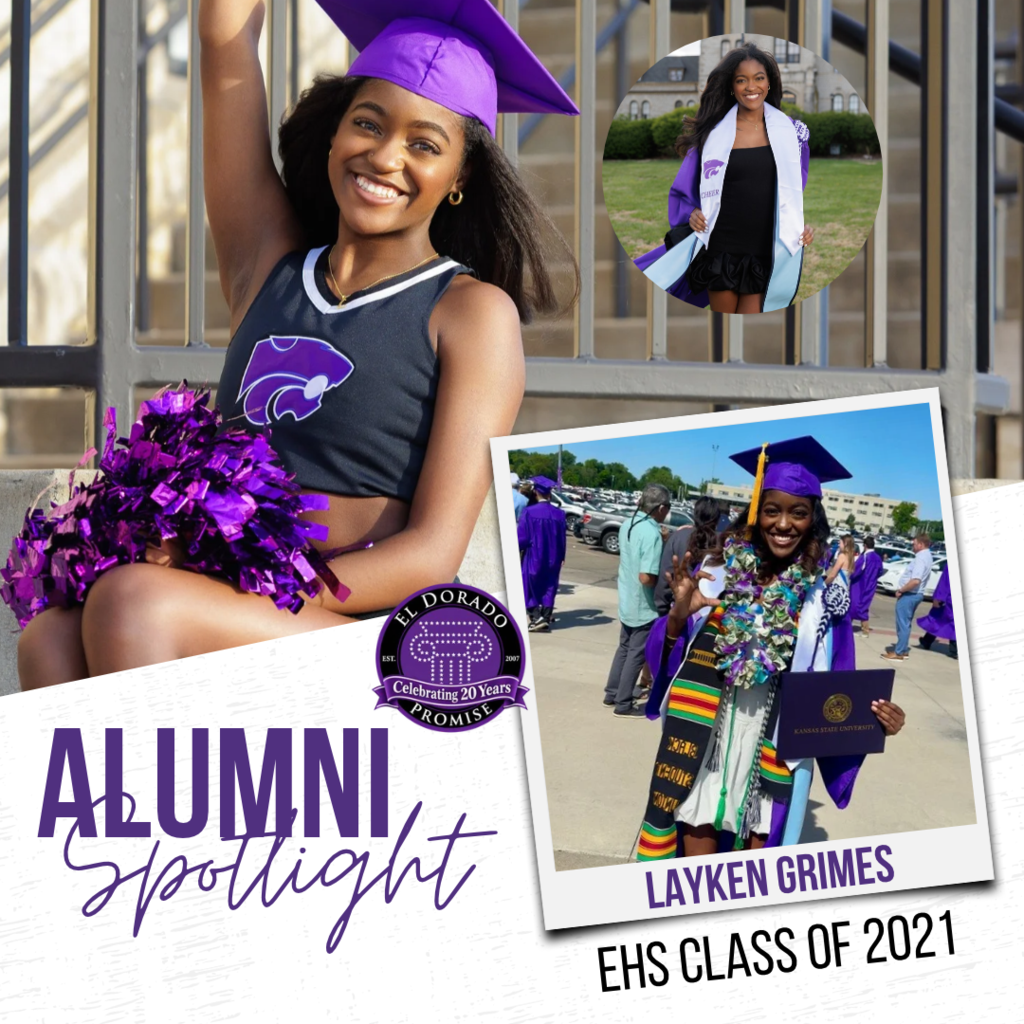 Alumni Spotlight graphic featuring Layken Grimes, an El Dorado High School Class of 2021 graduate. The design includes photos of Layken in Kansas State University cheer attire and graduation regalia, including one holding her diploma. Text reads “Layken Grimes” and “EHS Class of 2021,” with the El Dorado School District logo at the bottom.