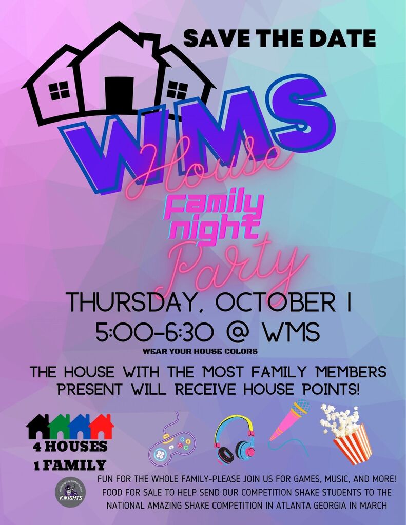 WMS House Party Flyer, Thursday October 1st from 5:00-6:30 @ WMS