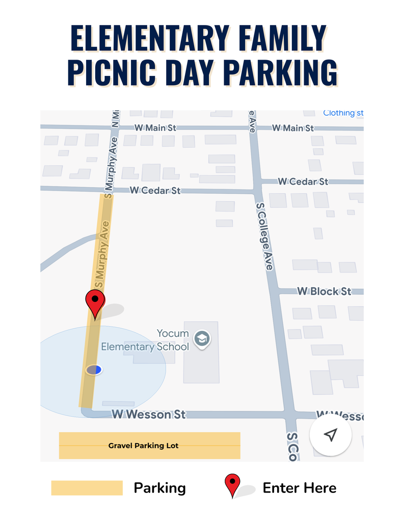 map of yocum grounds with highlighted marks on the gravel parking lot and s murphy ave to indicate parking