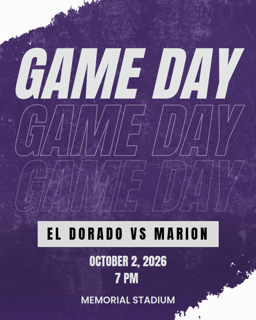 Game Day” graphic for El Dorado football. El Dorado plays Marion on October 2, 2026, at 7 p.m. at Memorial Stadium.