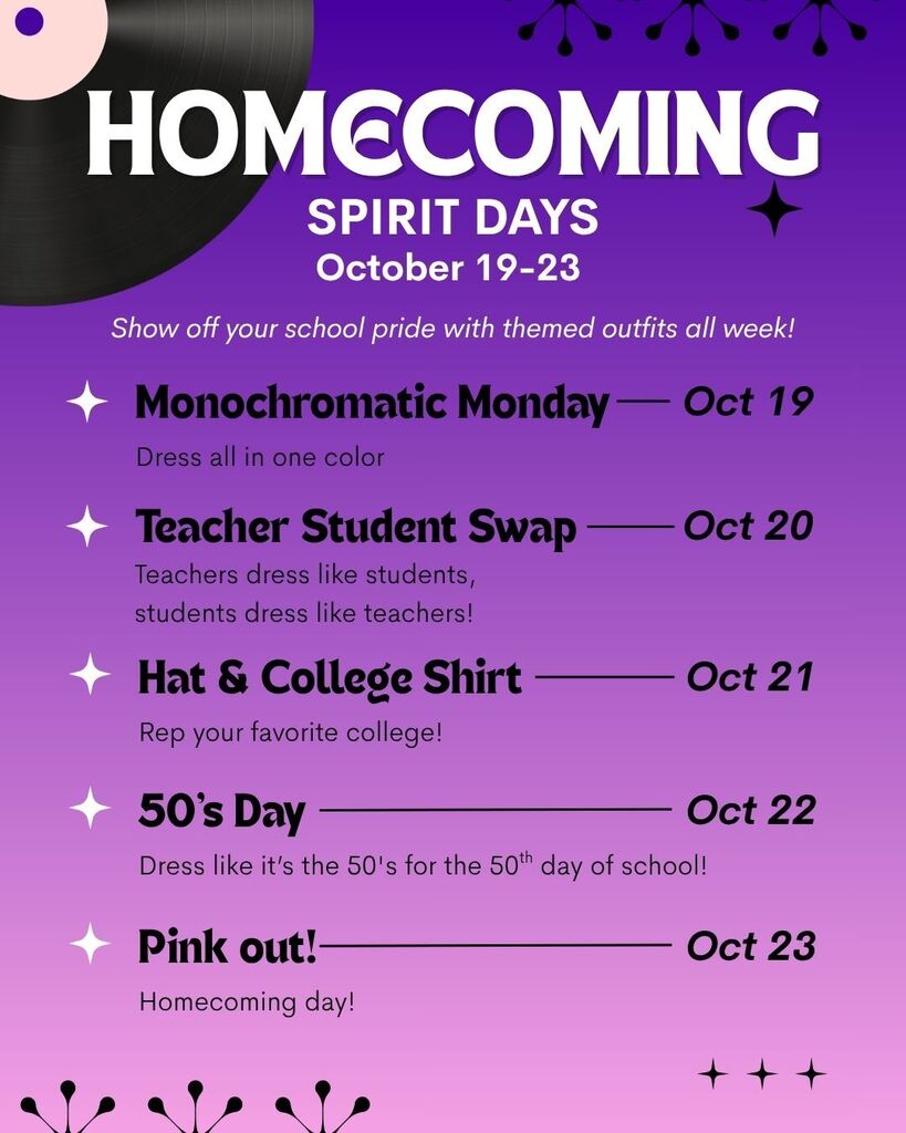 Homecoming dress up days: Monochromatic Monday, Teacher Student Swap, Hat & College Shirt, 50's outfit, Pink out