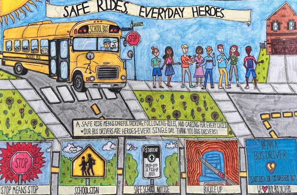 Hand-drawn National School Bus Safety poster showing a yellow school bus at a crosswalk with students waiting nearby. A banner reads “Safe Rides, Everyday Heroes.” The poster includes safety reminders such as stopping for school buses, watching for school zones, using designated student drop-off and pick-up areas, buckling up, and thanking bus drivers for helping keep students safe.