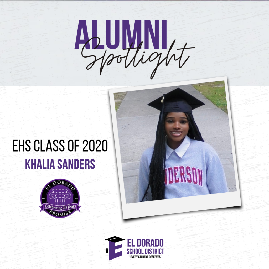 A white border encloses a photo of a woman in a graduation cap. Text reads "Alumni Spotlight, EHS Class of 2020, Khaila Sanders."