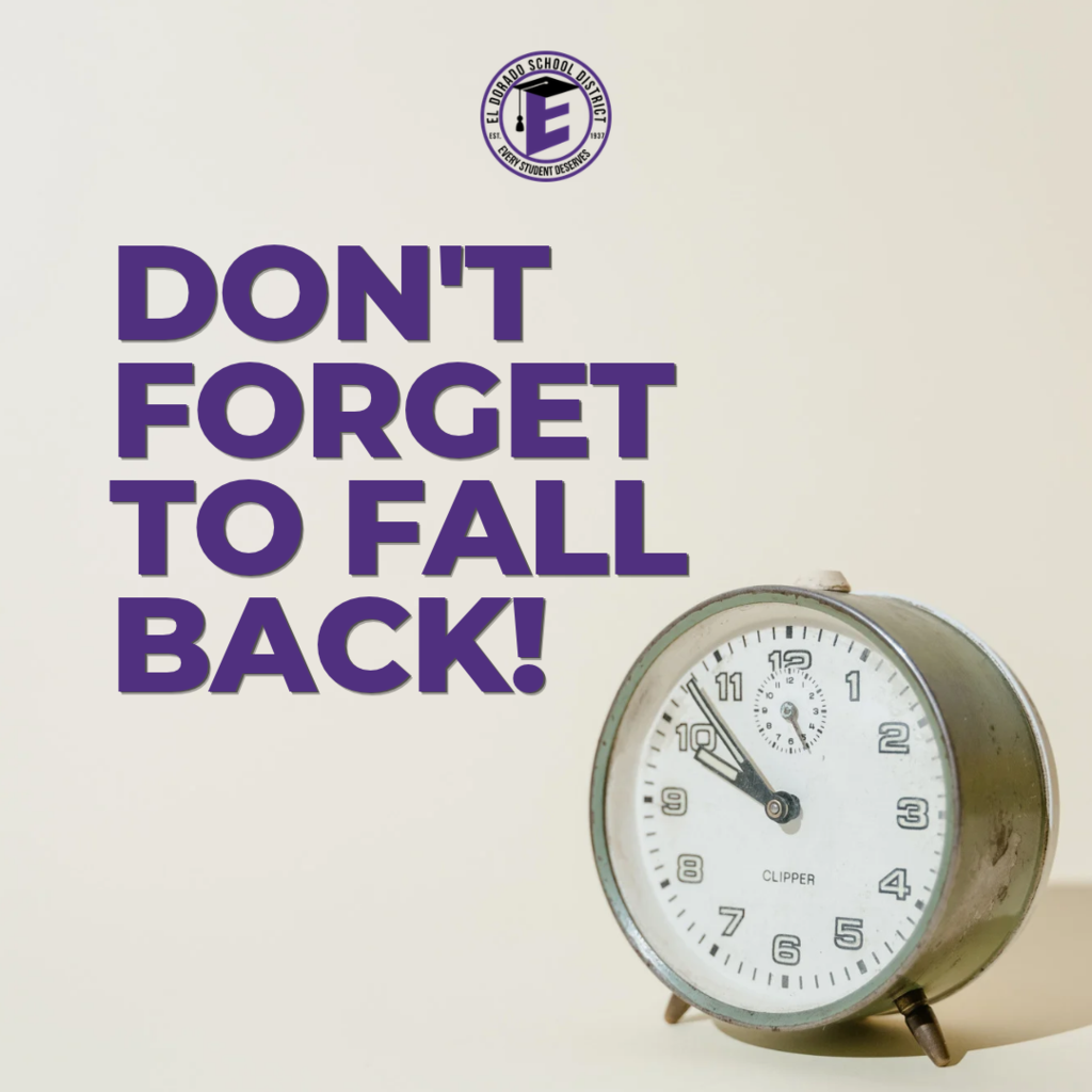 Clock showing 1:12 with a reminder to fall back. Words are in purple on white background.