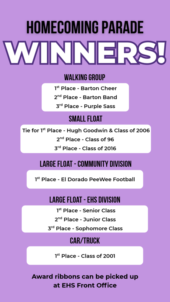 Purple poster announcing winners of the homecoming parade. Categories include walking group, small float, large float community, large float EHS division, and car/truck.
