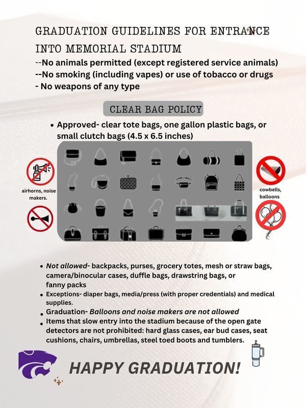 Graphic titled “Graduation Guidelines for Entrance into Memorial Stadium” outlining stadium entry rules, including no animals except registered service animals, no smoking or tobacco use, and no weapons.