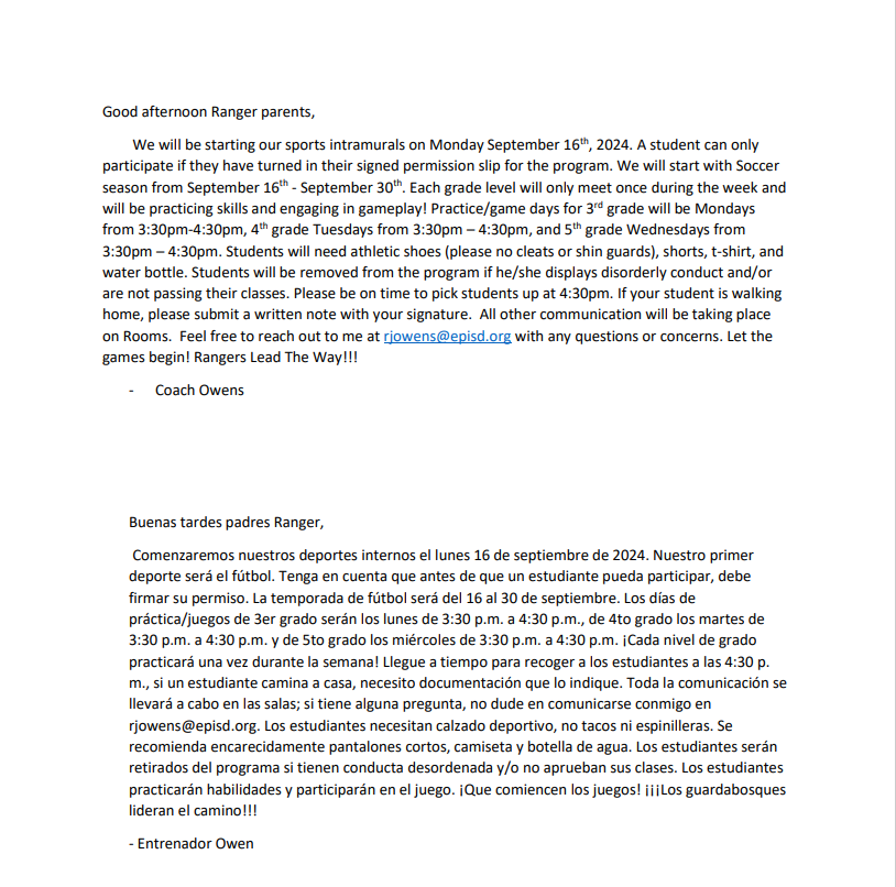 Intramural Letter from Coach Owens
