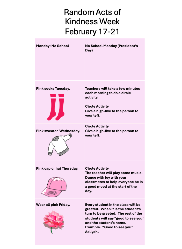 Random Acts of Kindness WeekFebruary 17-21  Monday: No School No School Monday (President’s Day) Pink socks  Tuesday. Teachers will take a few minutes each morning to do a circle activity.  Circle Activity Give a high-five to the person to your left. Pink sweater  Wednesday. Circle Activity Give a high-five to the person to your left. Pink cap or hat Thursday. Circle Activity The teacher will play some music.  Dance with joy with your classmates to help everyone be in a good mood at the start of the day. Wear all pink Friday. Every student in the class will be greeted.  When it is the student’s turn to be greeted.  The rest of the students will say “good to see you’ and the student’s name. Example.  “Good to see you” Aaliyah.