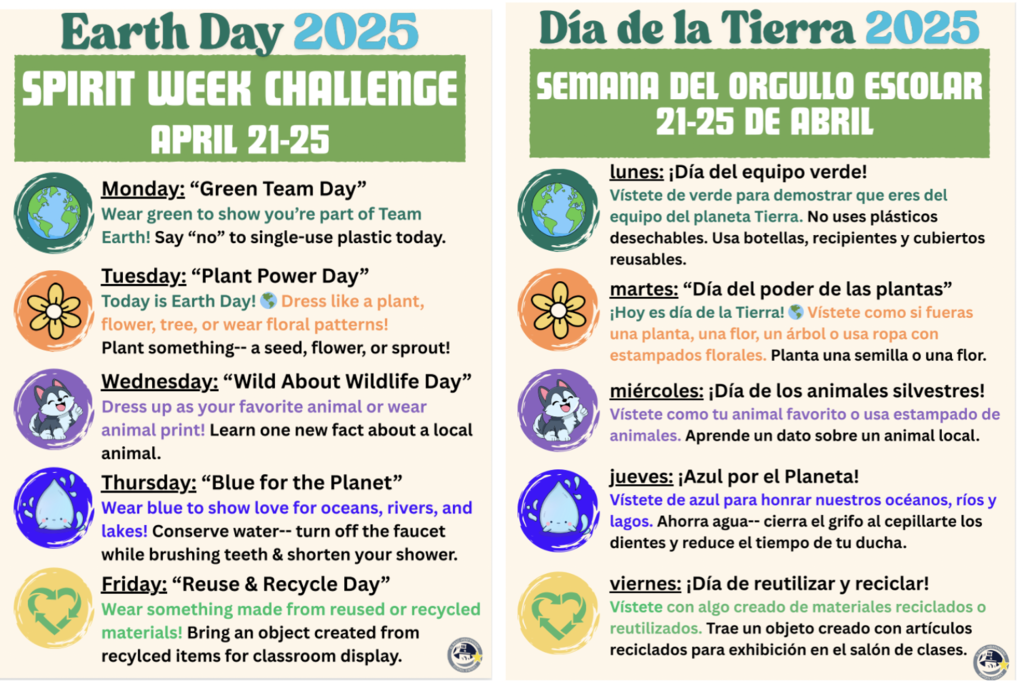 Earth Day 2025 SPIRIT WEEK CHALLENGE APRIL 21-25 Monday: "Green Team Day" Wear green to show you're part of Team Earth! Say "no" to single-use plastic today. Tuesday: "Plant Power Day" Today is Earth Day! & Dress like a plant, flower, tree, or wear floral patterns! Plant something-- a seed, flower, or sprout! Wednesday: "Wild About Wildlife Day" Dress up as your favorite animal or wear animal print! Learn one new fact about a local animal. Thursday: "Blue for the Planet" Wear blue to show love for oceans, rivers, and lakes! Conserve water-- turn off the faucet while brushing teeth & shorten your shower. Friday: "Reuse & Recycle Day" Wear something made from reused or recycled materials! Bring an object created from recylced items for classroom display. Día de la Tierra 2025 SEMANA DEL ORGULLO ESCOLAR 21-25 DE ABRIL lunes: ¡Día del equipo verde! Vístete de verde para demostrar que eres del equipo del planeta Tierra. No uses plásticos desechables. Usa botellas, recipientes y cubiertos reusables. martes: "Día del poder de las plantas" ¡Hoy es día de la Tierra! © Vístete como si fueras una planta, una flor, un árbol o usa ropa con estampados florales. Planta una semilla o una flor. miércoles: ¡Día de los animales silvestres! Vístete como tu animal favorito o usa estampado de animales. Aprende un dato sobre un animal local. jueves: ¡Azul por el Planeta! Vistete de azul para honrar nuestros océanos, ríos y lagos. Ahorra agua-- cierra el grifo al cepillarte los dientes y reduce el tiempo de tu ducha. viernes: ¡Día de reutilizar y reciclar! Vístete con algo creado de materiales reciclados o reutilizados. Trae un objeto creado con artículos reciclados para exhibición en el salón de clases.