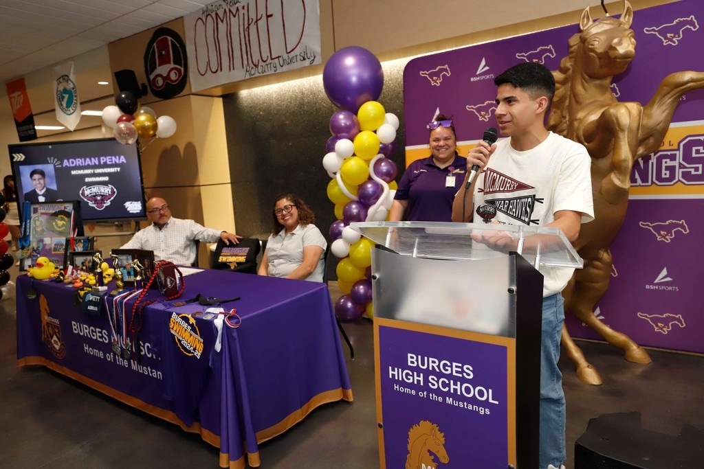 Burges High School swimmer Adrian Peña speaks during his collegiate level signing