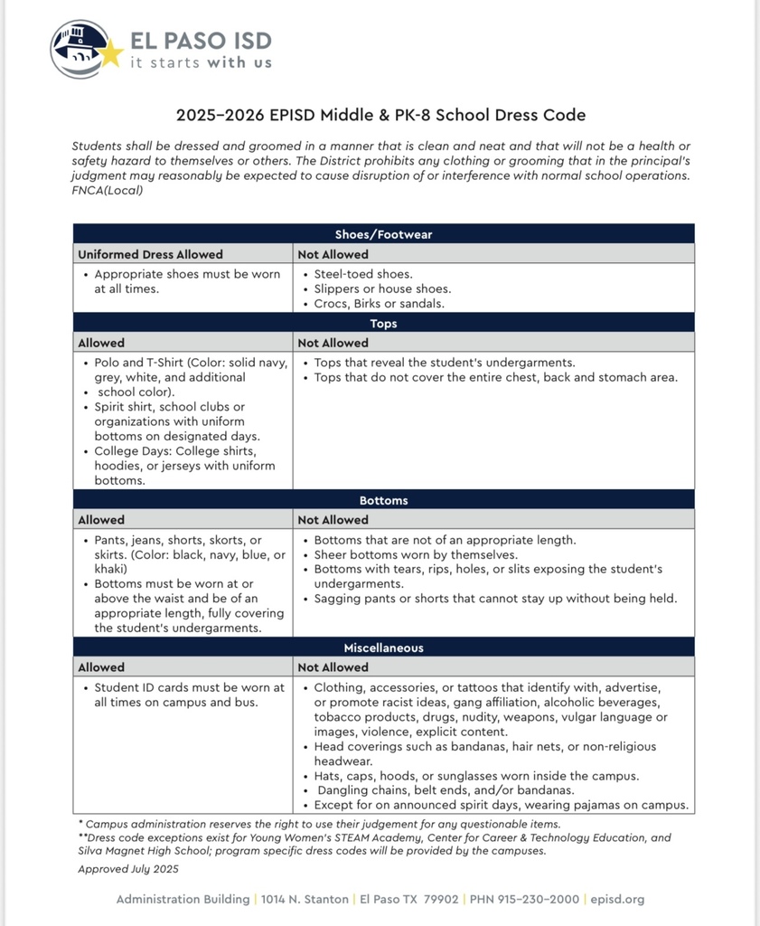 2025-2026 EPISD DISTRICT DRESS CODE POLICY