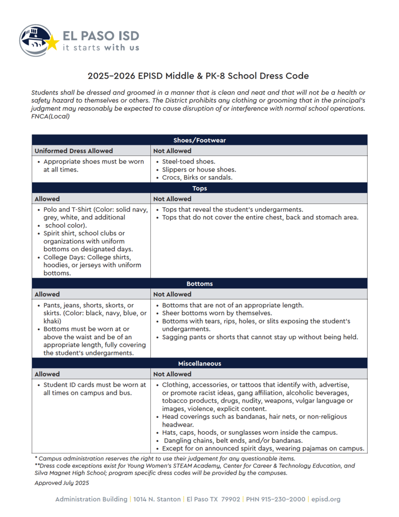 2025-2026 EPISD PK-8 Dress Code