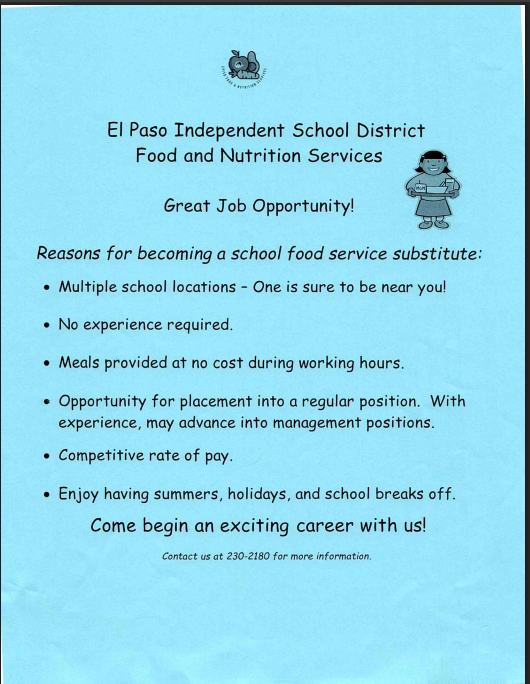 El Paso Independent School District Food & Nutrition Job Opportunity English Flyer