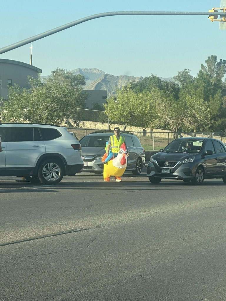 Western Hills Volunteers in Public Schools community members monitor traffic for student safety in inflatable chicken suits