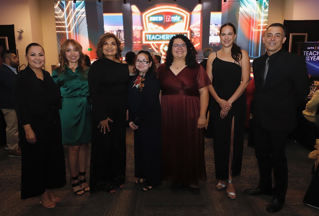 Sandra Iglesias from Cielo Vista Elementary School, and Mary Bejarano from Hornedo Middle School take photo with El Paso ISD's Interim Superintendent Martha Aguirre, district leadership, and El Paso ISD board members