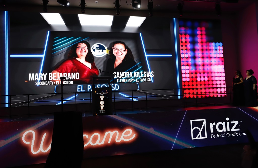 Stage photo showcasing Sandra Iglesias from Cielo Vista Elementary School, and Mary Bejarano from Hornedo Middle School