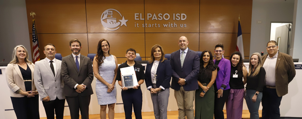 El Paso ISD Board of Trustees and Interim Superintendent Martha Aguirre were excited to recognize Sebastian Garcia from Franklin High School, who was selected as one of the recipients of the Student Heroes Award by the state board of education. Sebastian earned this award after completing outstanding volunteer service that benefits his fellow students, school, and his community.  #ItStartsWithUs #ElPasoISD #EPISD
