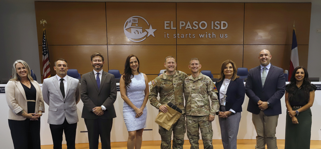 El Paso ISD Board of Trustees and Interim Superintendent Martha Aguirre proudly recognized Colonel Brendan Gallagher for his dedicated service as the outgoing ex-officio member of the Board of Trustees.  They also welcomed the new ex-officio member of the Board of Trustees, Colonel Michael Soyka.  #ItStartsWithUs #ElPasoISD #EPISD