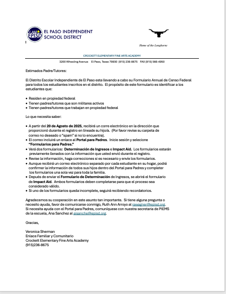 Impact Aid Spanish letter to parents