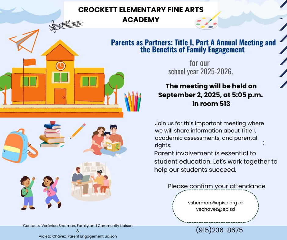 Title I, Part A Annual Meeting and the Benefits of Family Engagement evening English Flyer