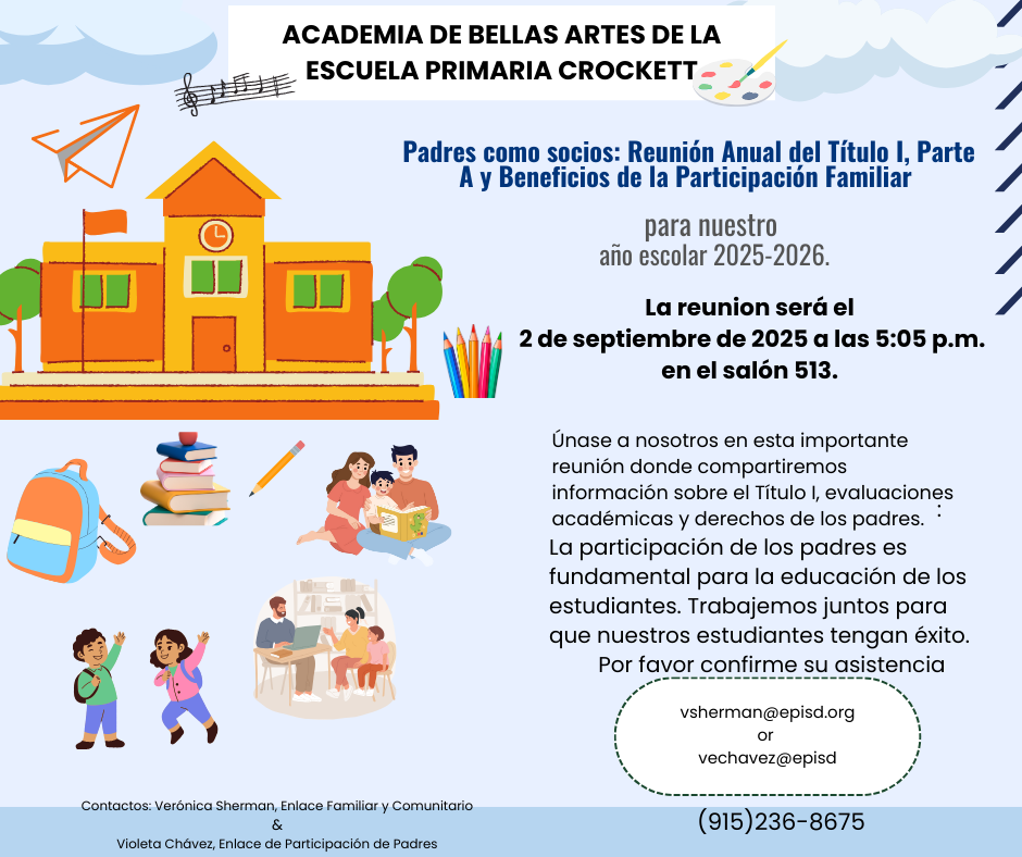 Reunión Anual del Título I, Parte A y Beneficios de la Participación Familiar folleto en Español