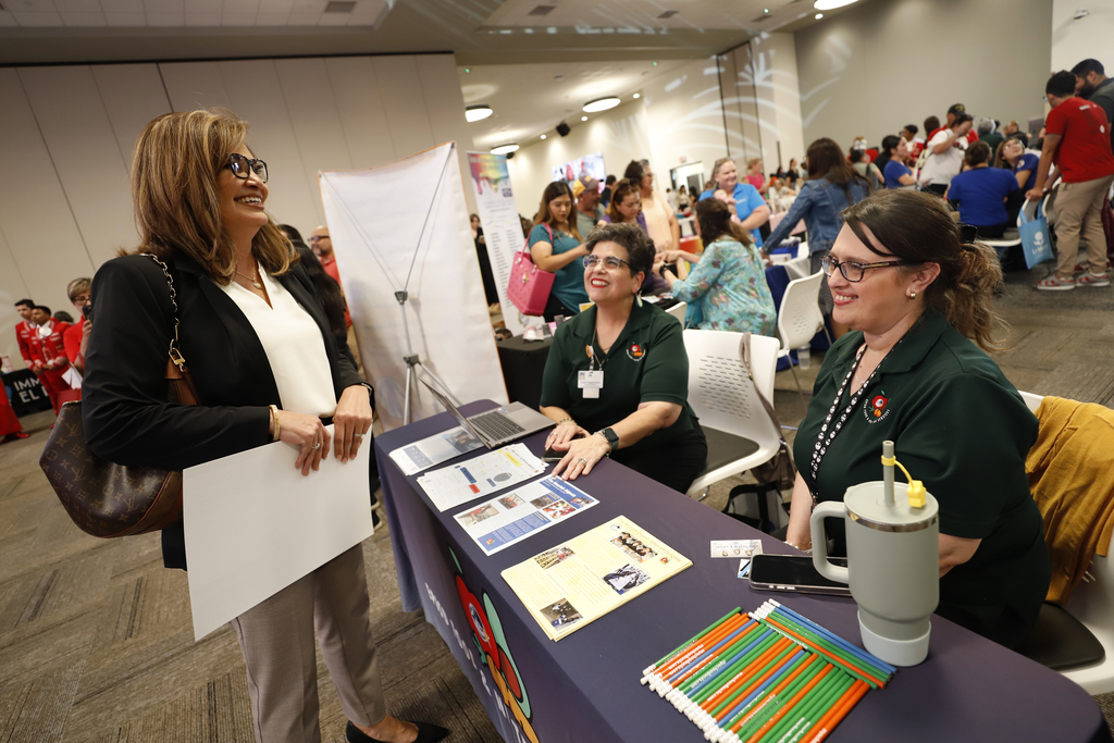Interim Superintendent Martha Aguirre talking to staff at the El Paso ISD Employee Health Fair