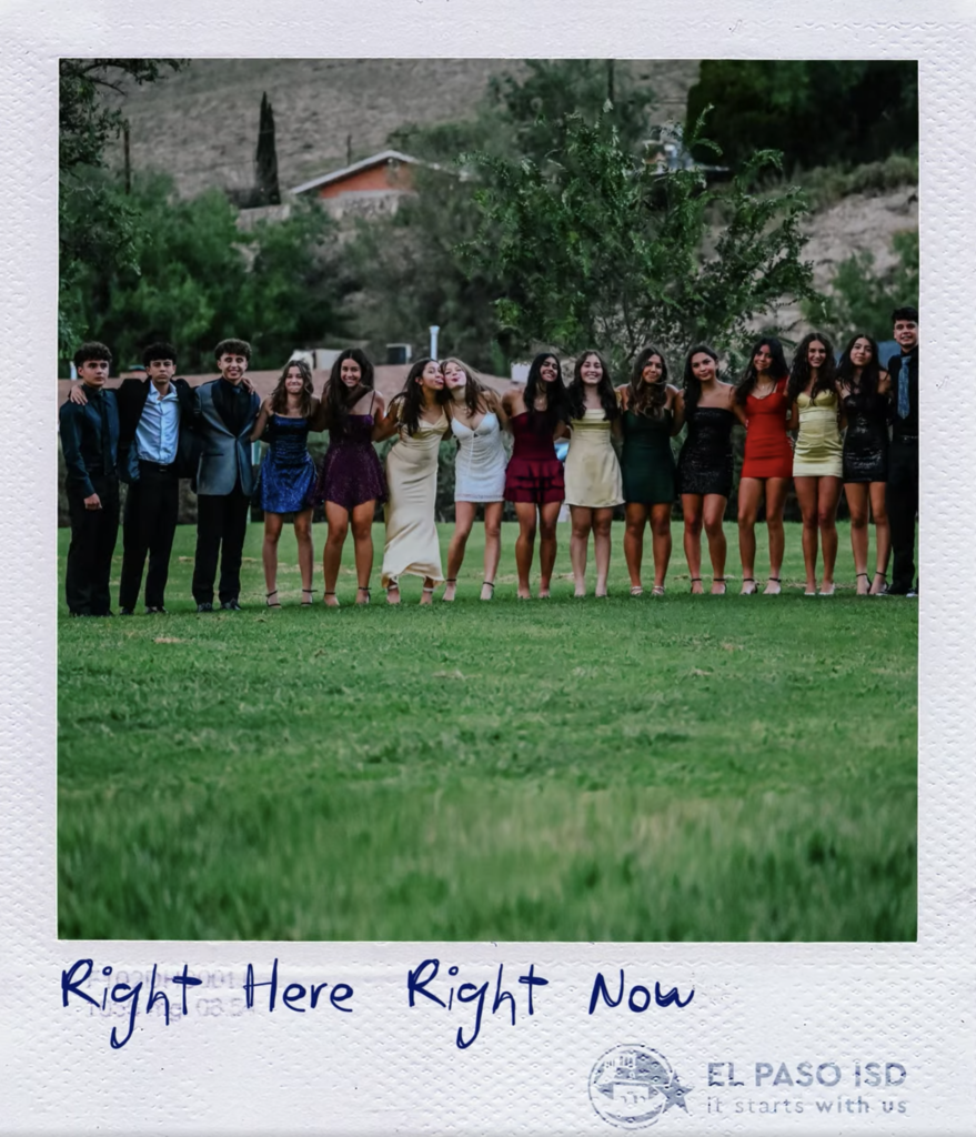 Right Here Right Now polaroid photo of kids at homecoming