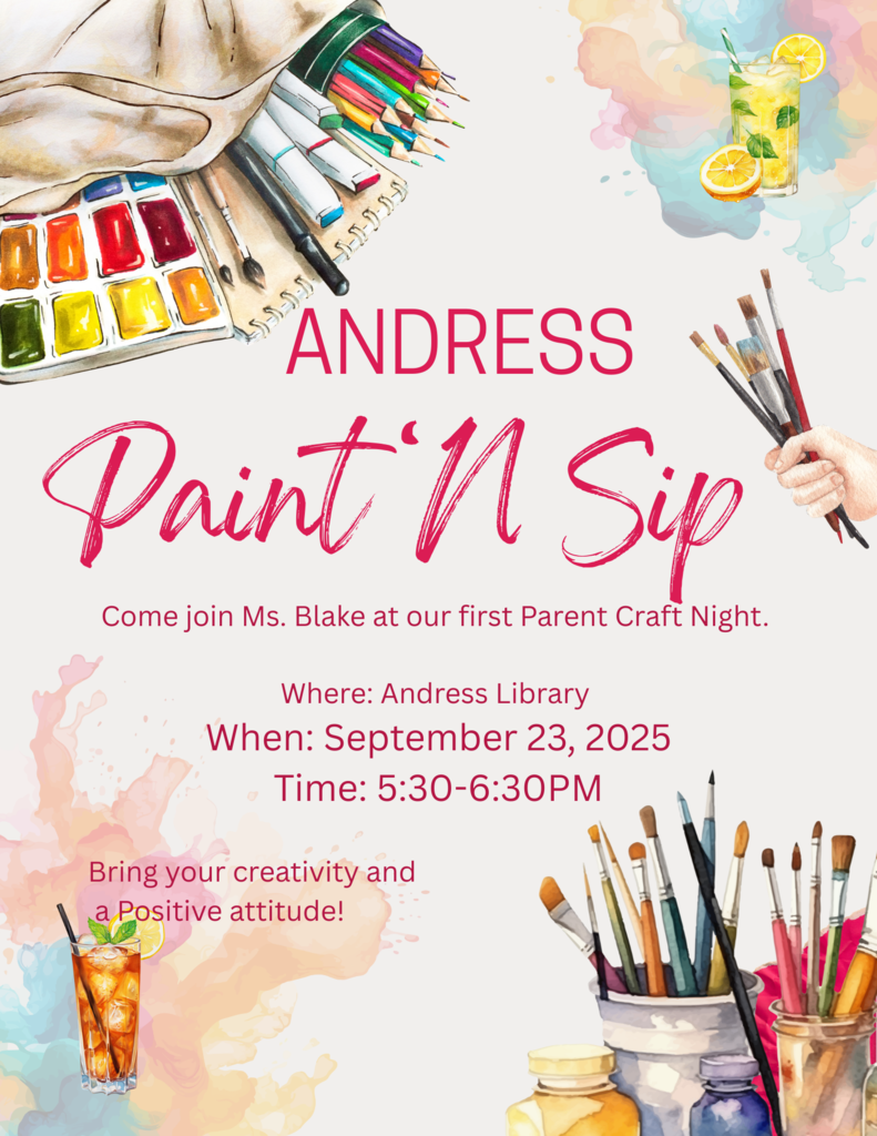 Andress is hosting a paint n sip inside the library sept 23 at 5:30pm to 6:30pm