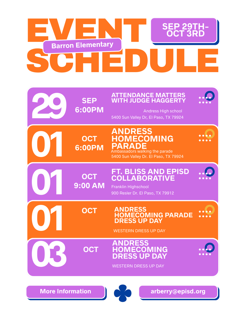 Barron Elementary: Event Schedule Sep 29th- Oct 3rd