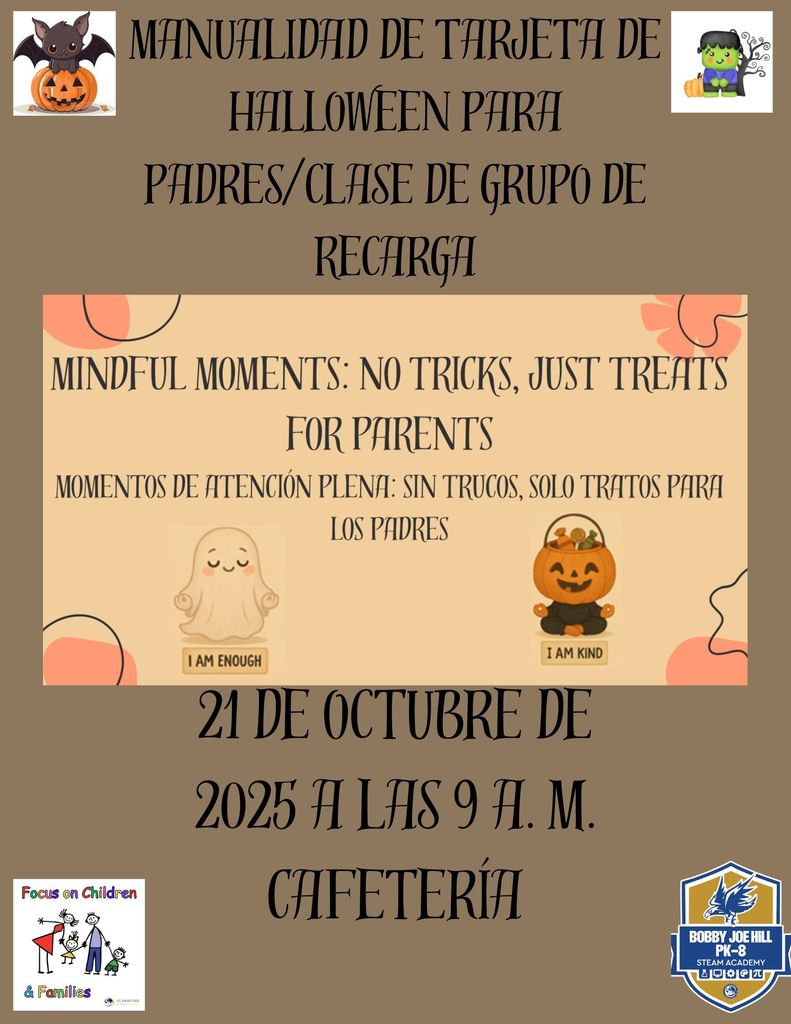 Manualidad de tarjeta de halloween para padres/clase de grupp de recharga 21 de octubre a las 9am cafeteria