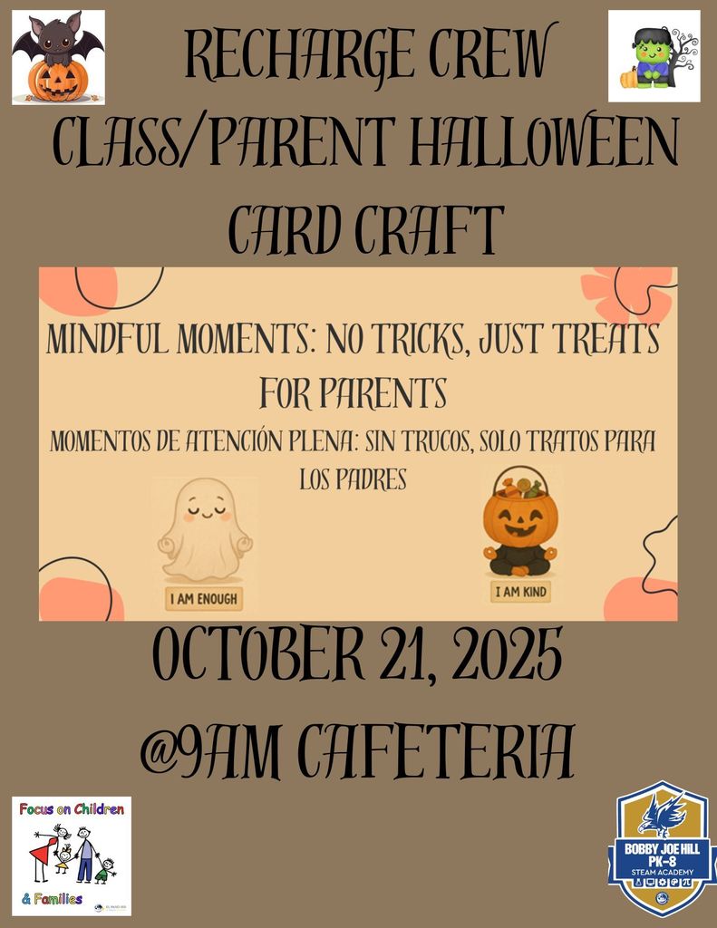 Recharge Crew Class/Parent Halloween Card craft on Oct. 21st at 9am in the Cafeteria