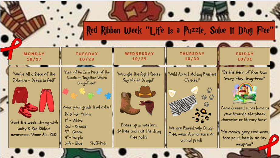 Red Ribbon Week Celebration Mon: Wear all Red Tues: Wear your grade level Color pk-K: Yellow 1st: White 2nd: Orange 3rd: Green 4th: Purple 5th: Blue Wed: Western clothes Thurs: Wear animal print /ears Fri: dress up in costumes favorite storybook character