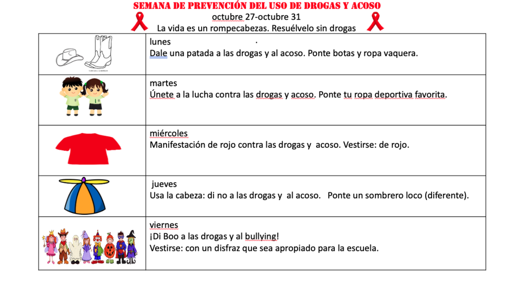 Semana de Prevención del uso de Drogas y Acoso octubre 27-octubre 31 La vida es un rompecabezas. Resuélvelo sin drogas . lunes Dale una patada a las drogas y al acoso. Ponte botas y ropa vaquera. martes Únete a la lucha contra las drogas y acoso. Ponte tu ropa deportiva favorita. miércoles Manifestación de rojo contra las drogas y acoso. Vestirse: de rojo. jueves Usa la cabeza: di no a las drogas y al acoso. Ponte un sombrero loco (diferente). viernes ¡Di Boo a las drogas y al bullying! Vestirse: con un disfraz que sea apropiado para la escuela.