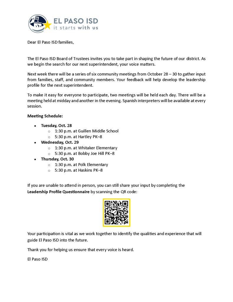 EPISD Superintendent Search Mailer