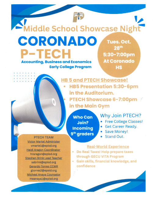 coronado p-tech night oct. 28th 5:30 to 7:00 pm