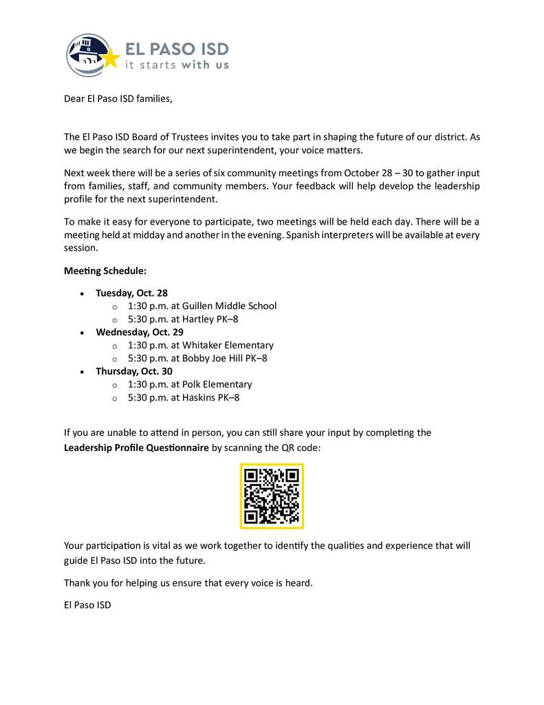 EPISD Board of Trustees Invitation 