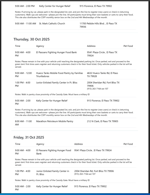Food Pantry Distribution Schedule