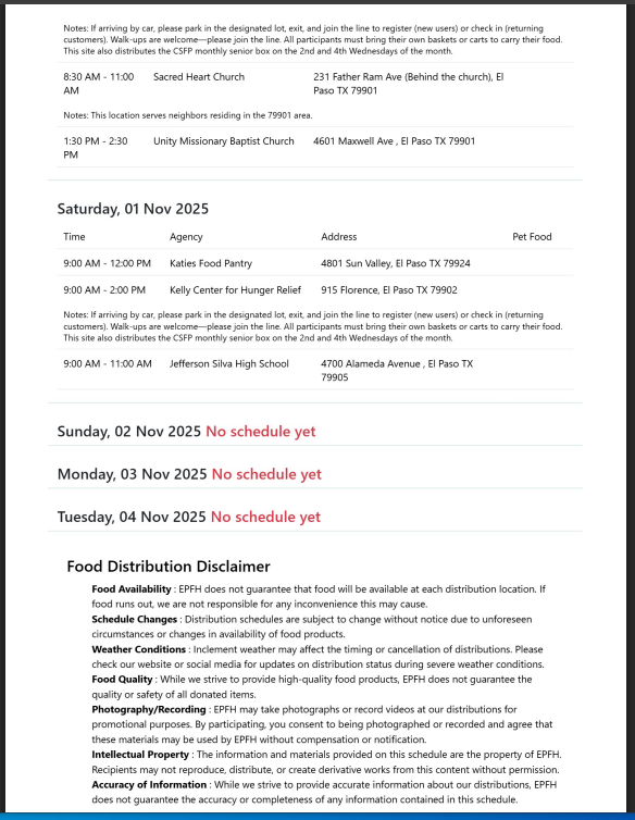 Food Pantry Distribution Schedule