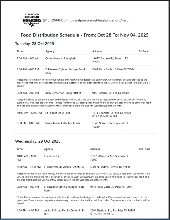 Food Pantry Distribution Schedule